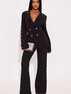 Fashion Nova - Black Embellished Double-Breasted Blazer & Pants Set - Women